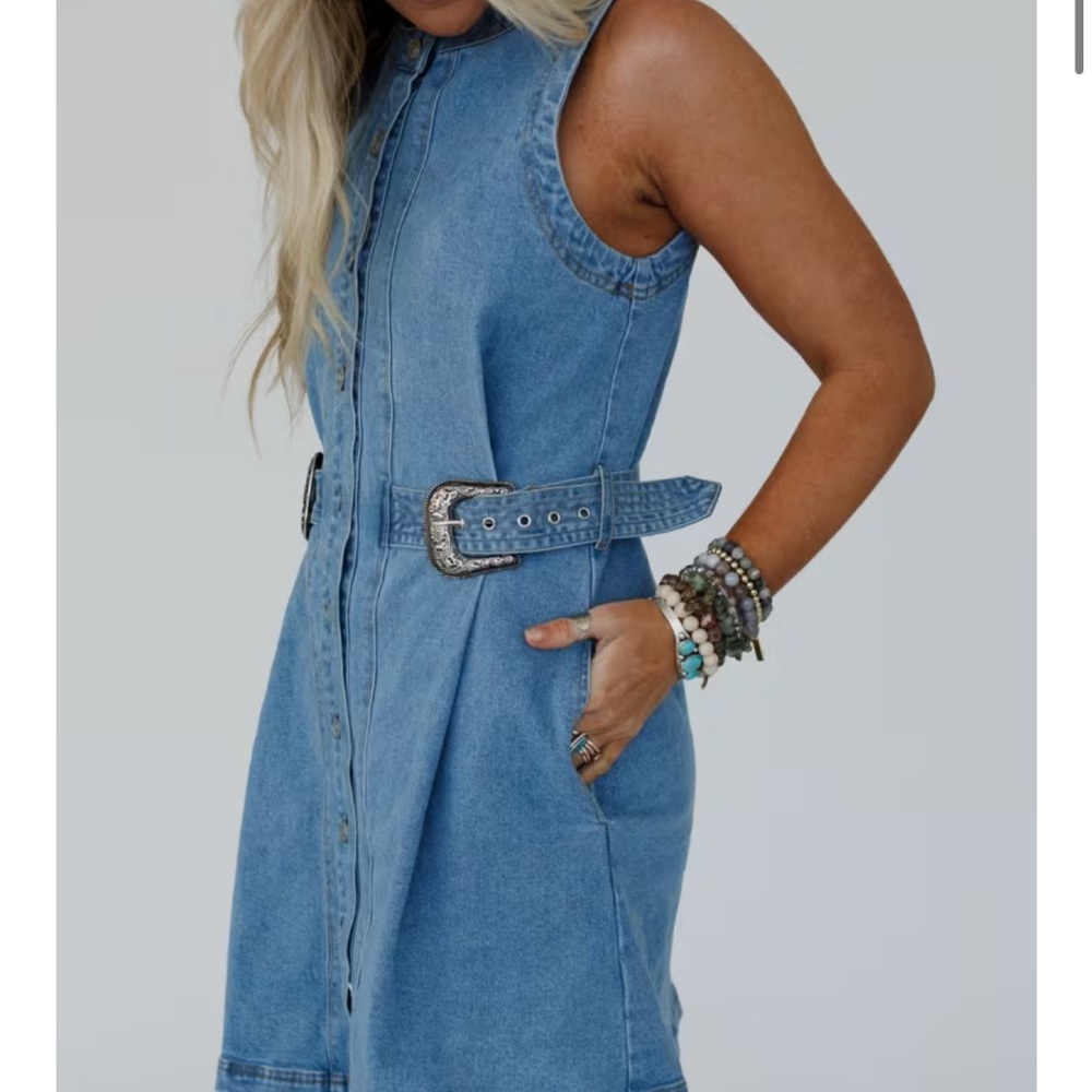 Classic Blue Denim Midi Dress with Belt